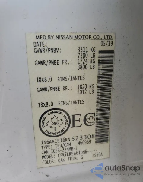 2019 Nissan Titan S z USA, uszkodzony, nr VIN 1N6AA1EJ6KN523308